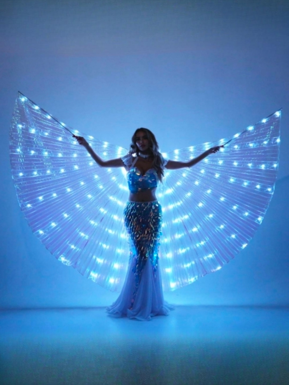 Music Festival White Iridescent LED Lights Wings Bellydance Angel Fairy Costume